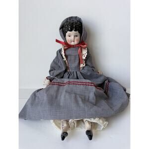 Antique German 16’ Porcelain China Low Brow Doll Black Hair Blue Eyes 1830 -1840
